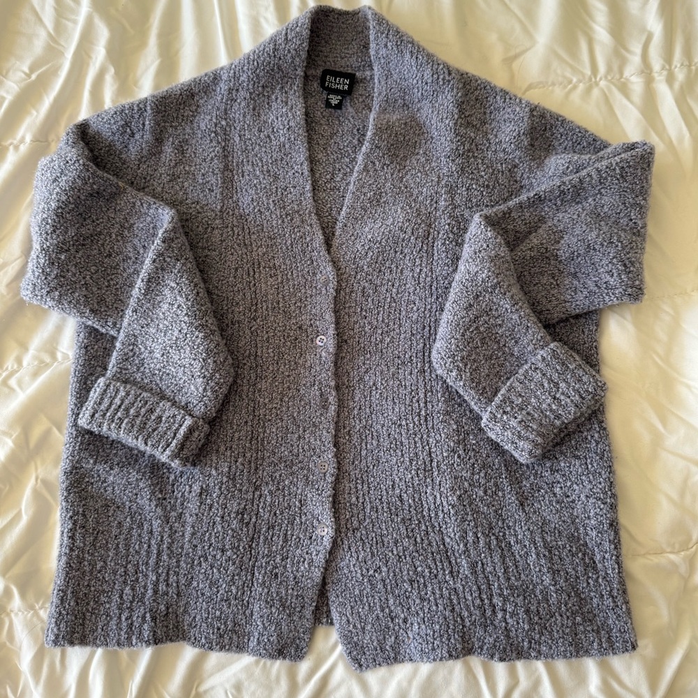 Eileen Fisher Merino Wool & Cashmere Blend Bouclé Cardigan • Heather Gray • L